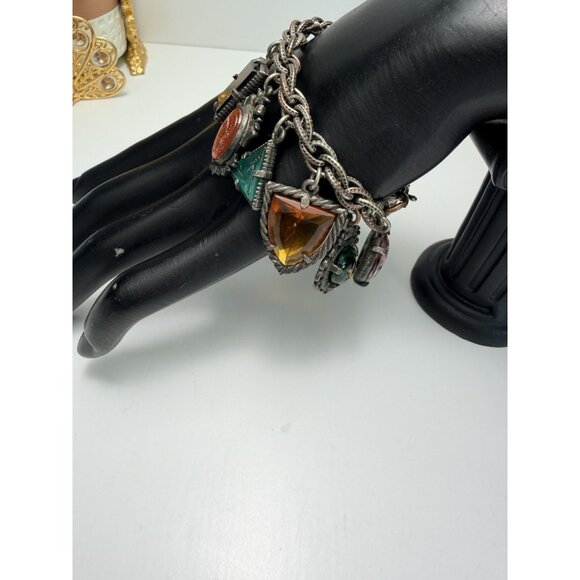 Vintage ArtDeco Czech Carved Art Glass Charm Bracelet Multicolor Circa 30s Rare - Picture 5 of 13